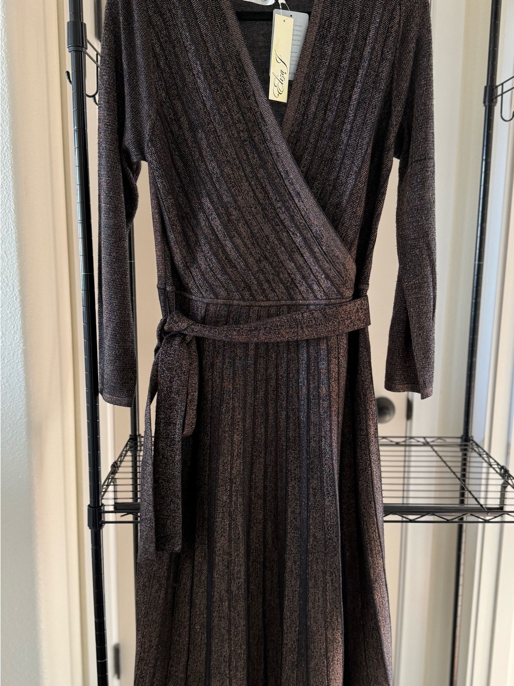 Eliza J Brown Metallic Ribbed Wrap Maxi Dress